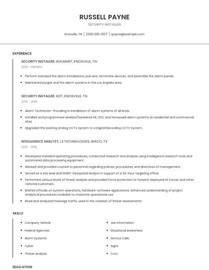 Security Installer Resume