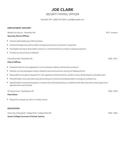 Security Patrol Officer Resume