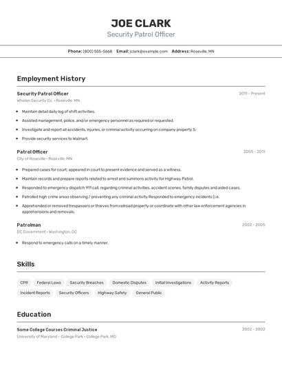 Security Patrol Officer Resume