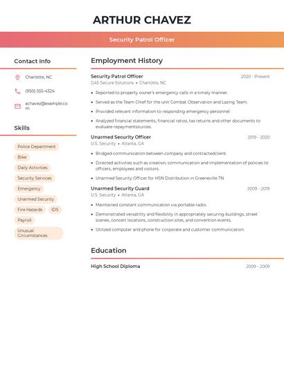Security Patrol Officer Resume