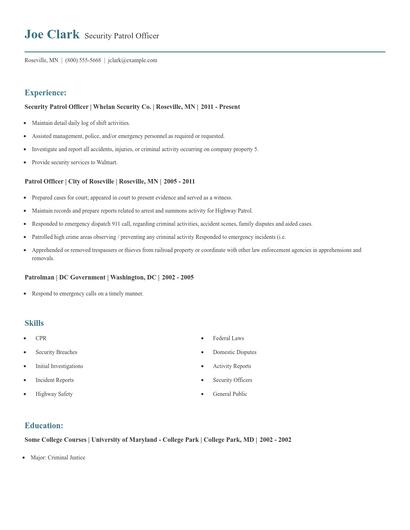 Security Patrol Officer Resume