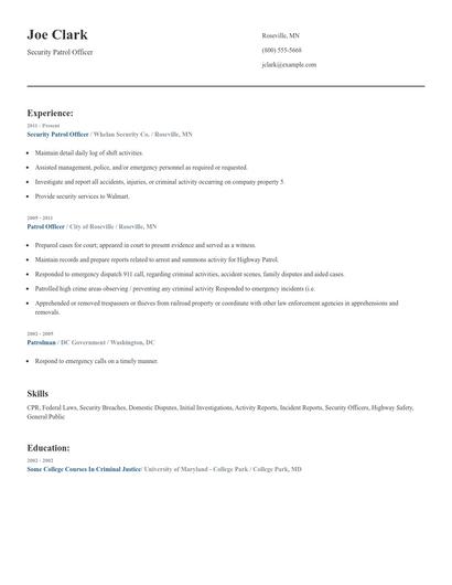 Security Patrol Officer Resume