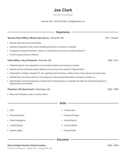 Security Patrol Officer Resume