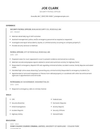 Security Patrol Officer Resume