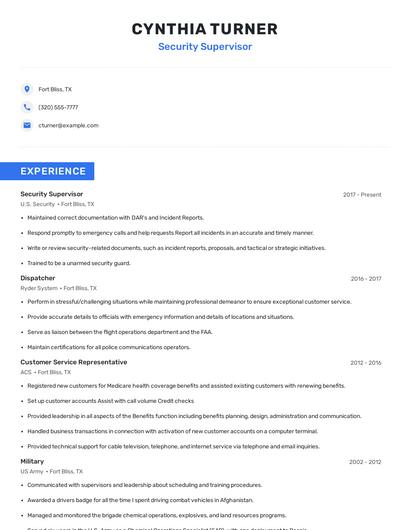 Security Supervisor Resume
