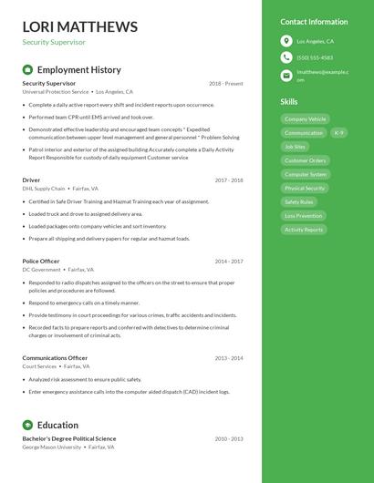 Security Supervisor Resume