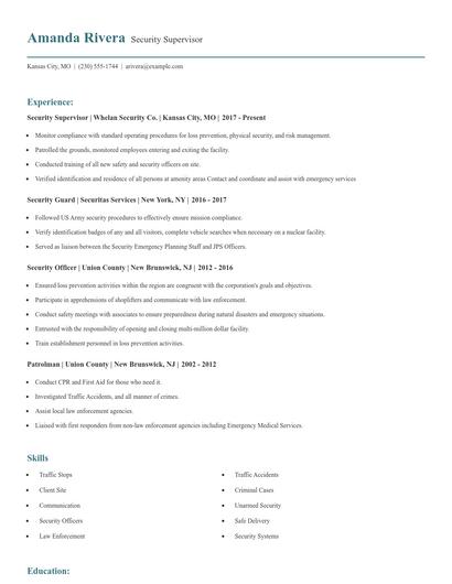 Security Supervisor Resume