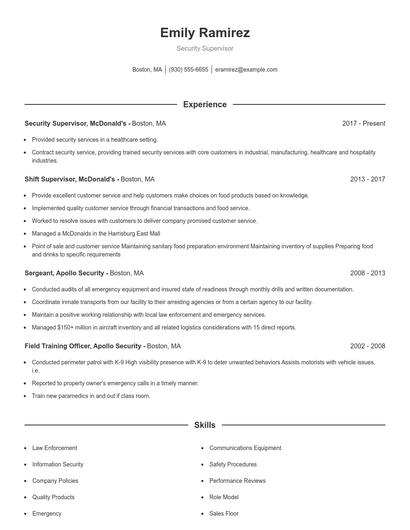 Security Supervisor Resume