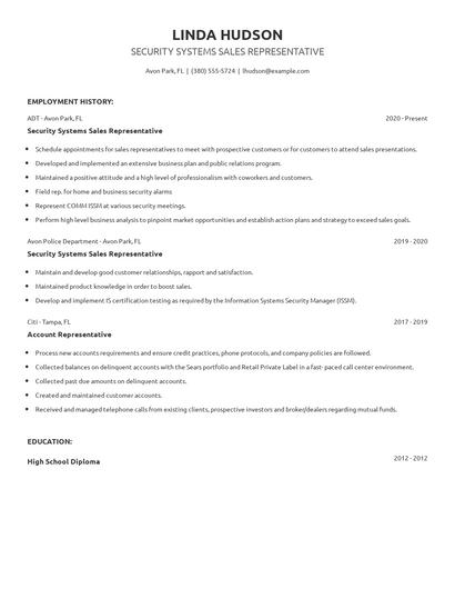 Security Systems Sales Representative Resume