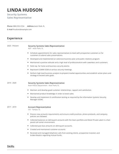 Security Systems Sales Representative Resume