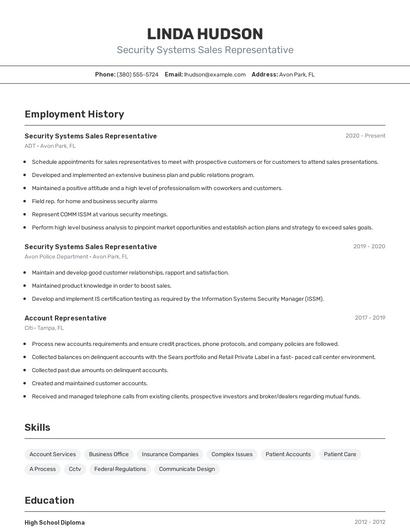Security Systems Sales Representative Resume