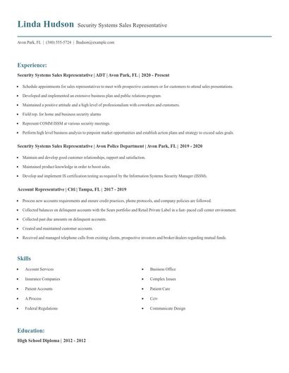 Security Systems Sales Representative Resume