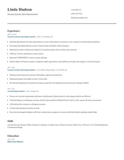 Security Systems Sales Representative Resume