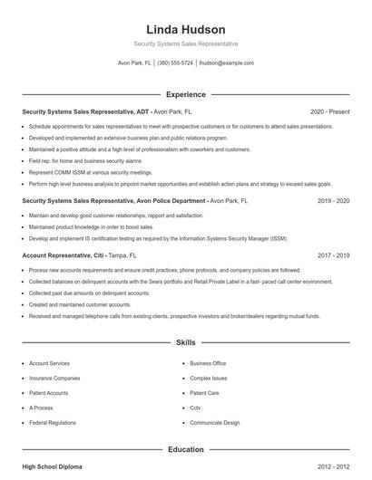 Security Systems Sales Representative Resume