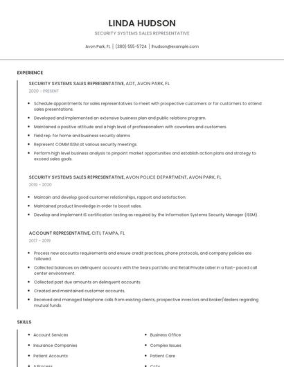 Security Systems Sales Representative Resume
