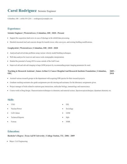 Seismic Engineer Resume