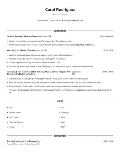 Seismic Engineer Resume