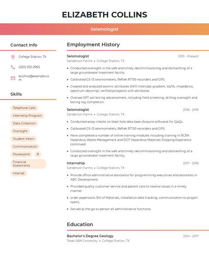 Seismologist Resume
