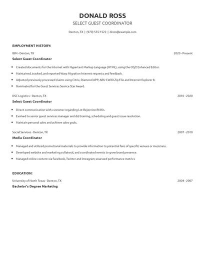 Select Guest Coordinator Resume