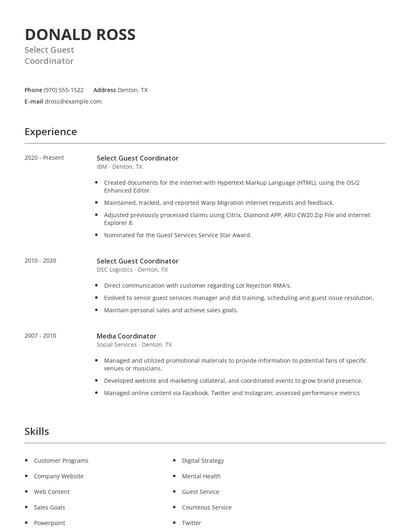 Select Guest Coordinator Resume