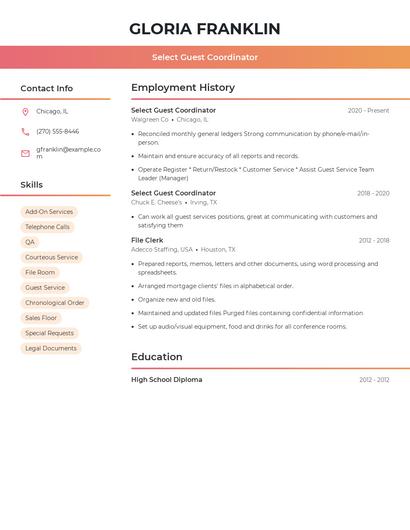 Select Guest Coordinator Resume