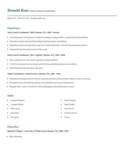 Select Guest Coordinator Resume