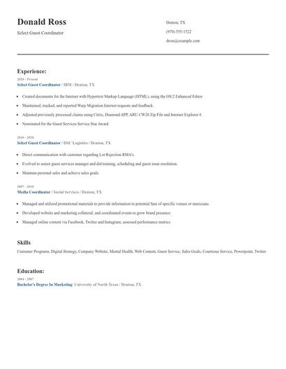 Select Guest Coordinator Resume