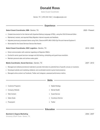 Select Guest Coordinator Resume