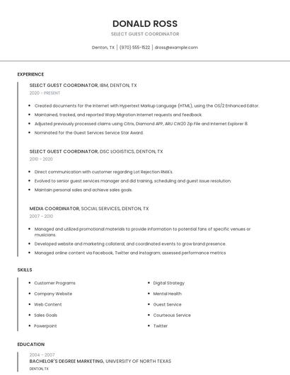Select Guest Coordinator Resume