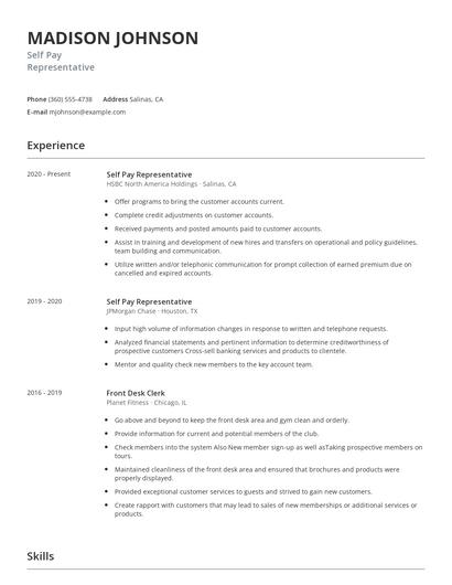 Self Pay Representative Resume