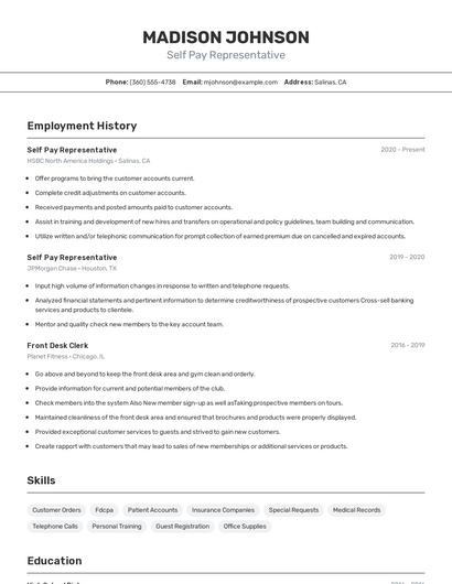 Self Pay Representative Resume