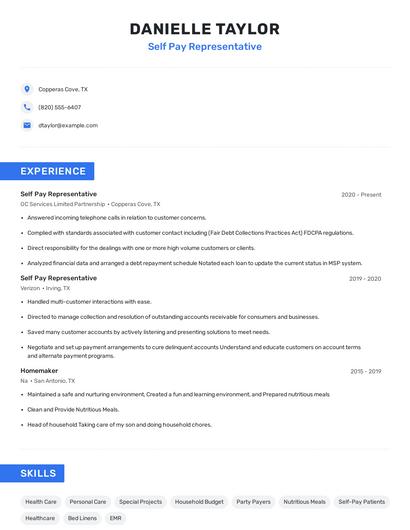 Self Pay Representative Resume