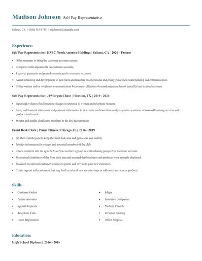 Self Pay Representative Resume