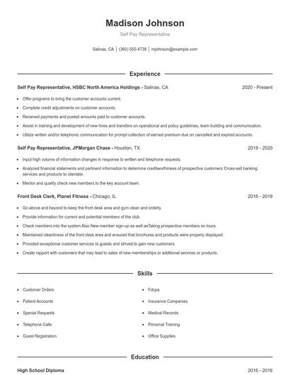Self Pay Representative Resume