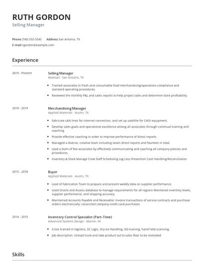 Selling Manager Resume