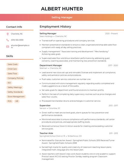 Selling Manager Resume