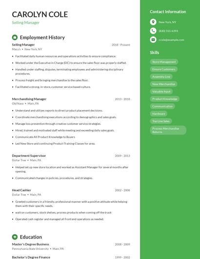 Selling Manager Resume