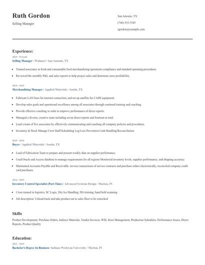 Selling Manager Resume