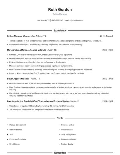 Selling Manager Resume