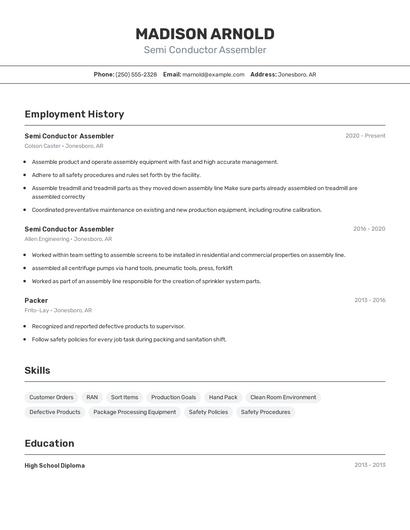 Semi Conductor Assembler Resume