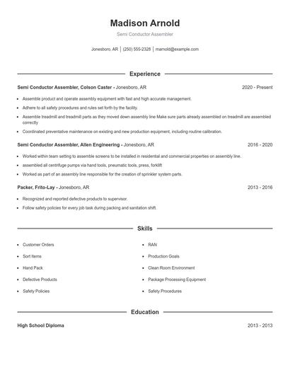 Semi Conductor Assembler Resume