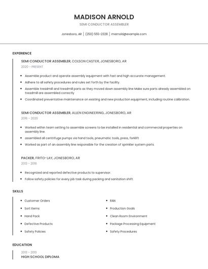 Semi Conductor Assembler Resume