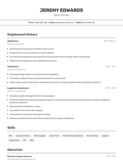 Semi Driver Resume