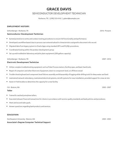 Semiconductor Development Technician Resume