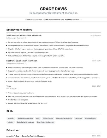Semiconductor Development Technician Resume
