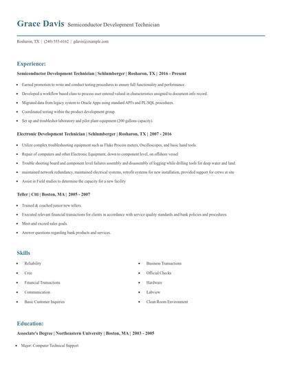 Semiconductor Development Technician Resume