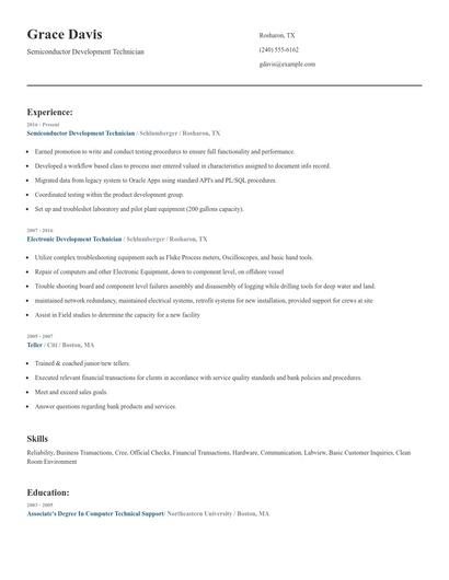 Semiconductor Development Technician Resume