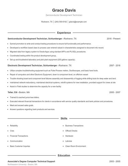 Semiconductor Development Technician Resume