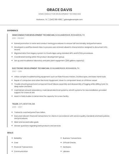 Semiconductor Development Technician Resume