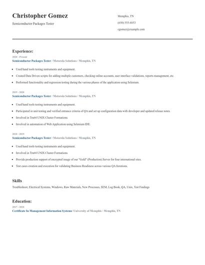 Semiconductor Packages Tester Resume